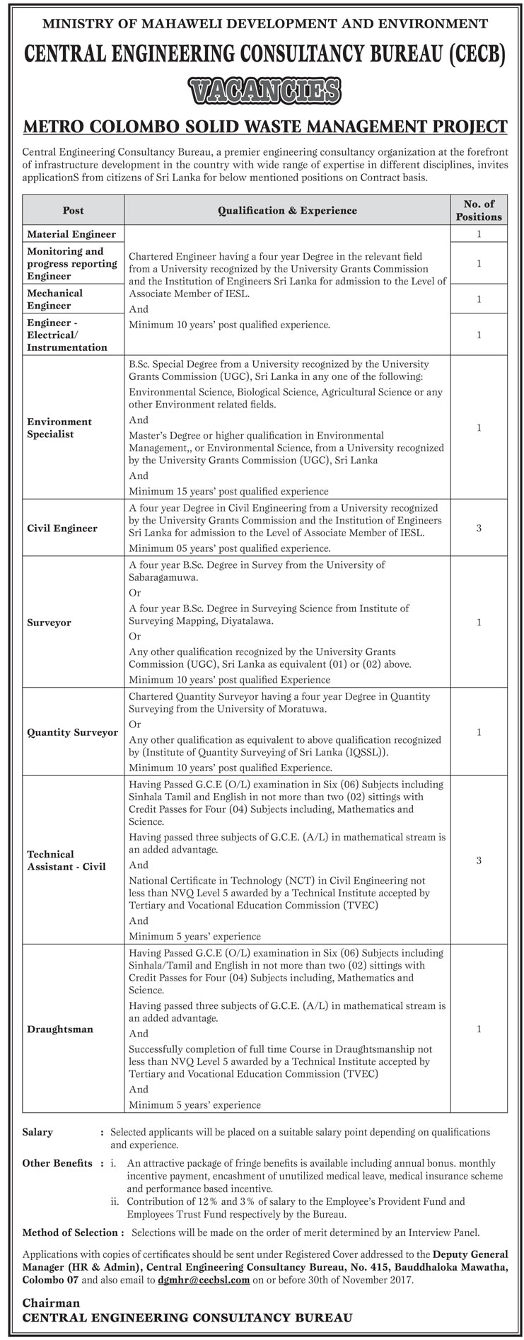 Engineer, Environment Specialist, Surveyor, Quantity Surveyor, Technical Assistant, Draughtsman - Central Engineering Consultancy Bureau